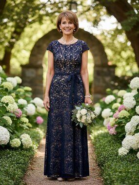 Alex Evenings Dress Size 10 Navy Blue/Nude Cap Sleeve Gown Mother Of The Bride